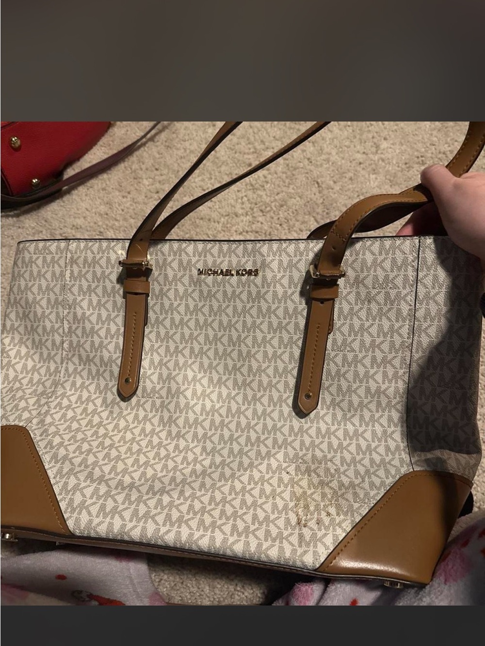 Michael Kors Beige MK Monogram Tote with Tan Trim